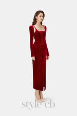 Bordeaux Velvet Draped midi Dress