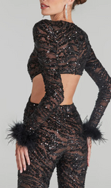 BLACK SEXY BACKLESS SEQUINED FEATHER JUMPSUIT
