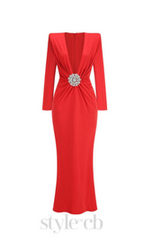 BERNICE LONG SLEEVE DRAPED EMBELLISHED MAXI DRESS IN RED