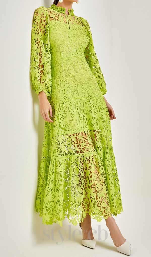 TARA GREEN LACE EMBROIDERED LONG SLEEVE MIDI DRESS