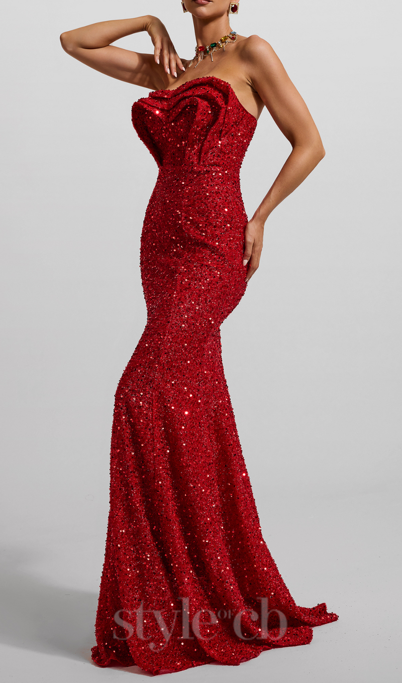 HELOISE RED SEQUIN STRAPLESS LARGE HEMLINE MAXI DRESS