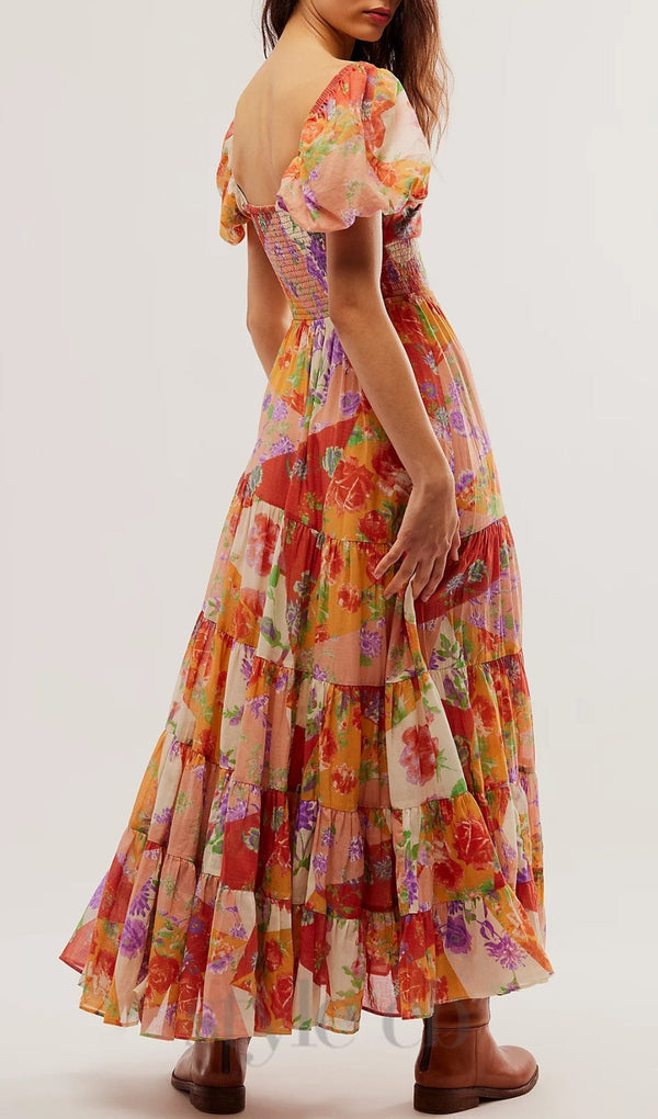 PUFF SLEEVE FLORAL PRINTED MAXI DRESS