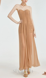 Thea Strapless Mesh Backless maxi Dress in brown