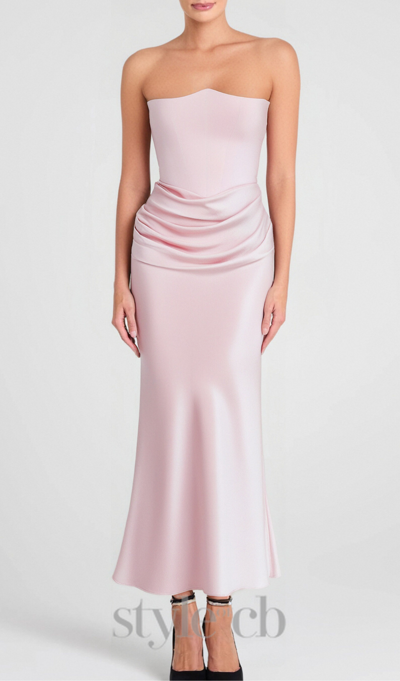 strapless satin corset maxi dress in pink