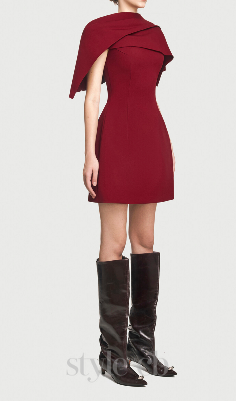 A-line burgundy mini dress with asymmetrical shoulder pleat