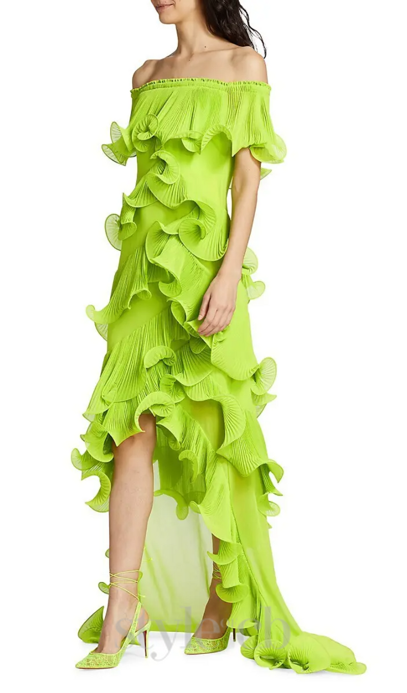 DORA GREEN OFF-SHOULDER PLEATED ORGANZA MAXI DRESS