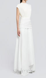 white Waist cross pleats midi dress with asymmetric hemline