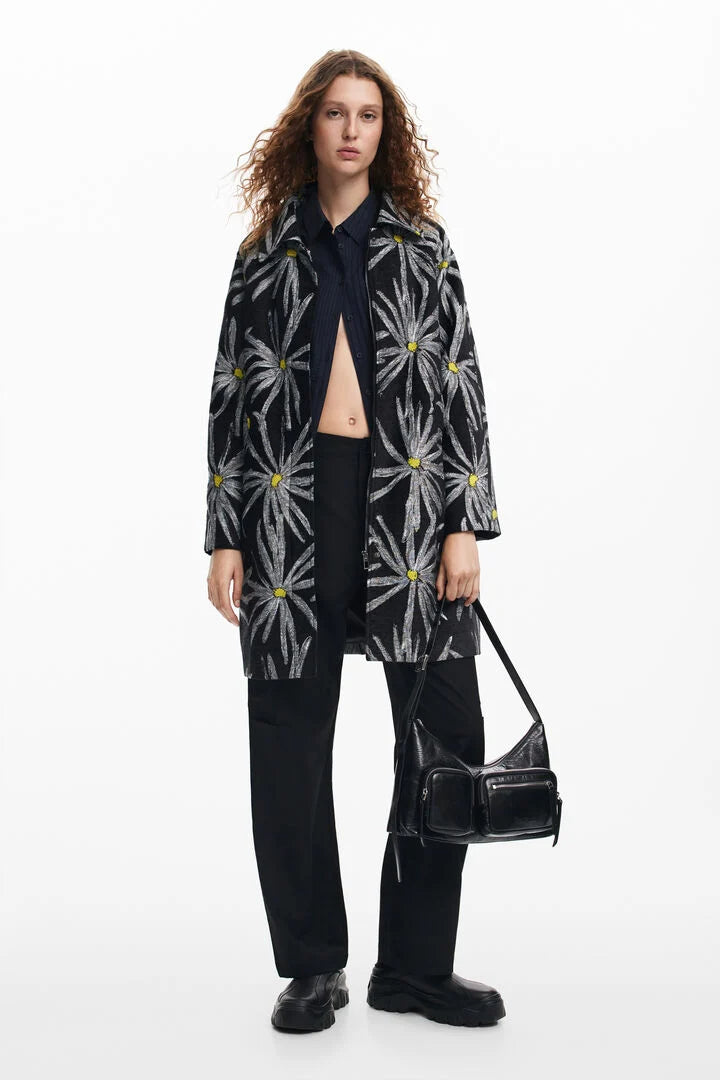 daisy print coat in black