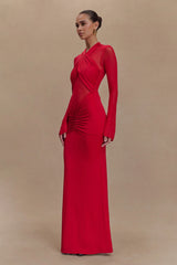 Slinky Mesh Long Sleeve Maxi Dress in Ruby