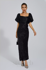 MARIA BLACK BOW SEQUINS EMBELLISHED MAXI DRESS