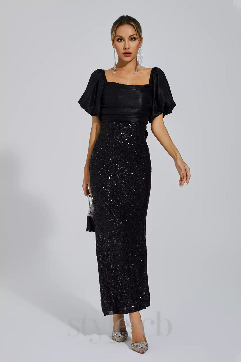 MARIA BLACK BOW SEQUINS EMBELLISHED MAXI DRESS