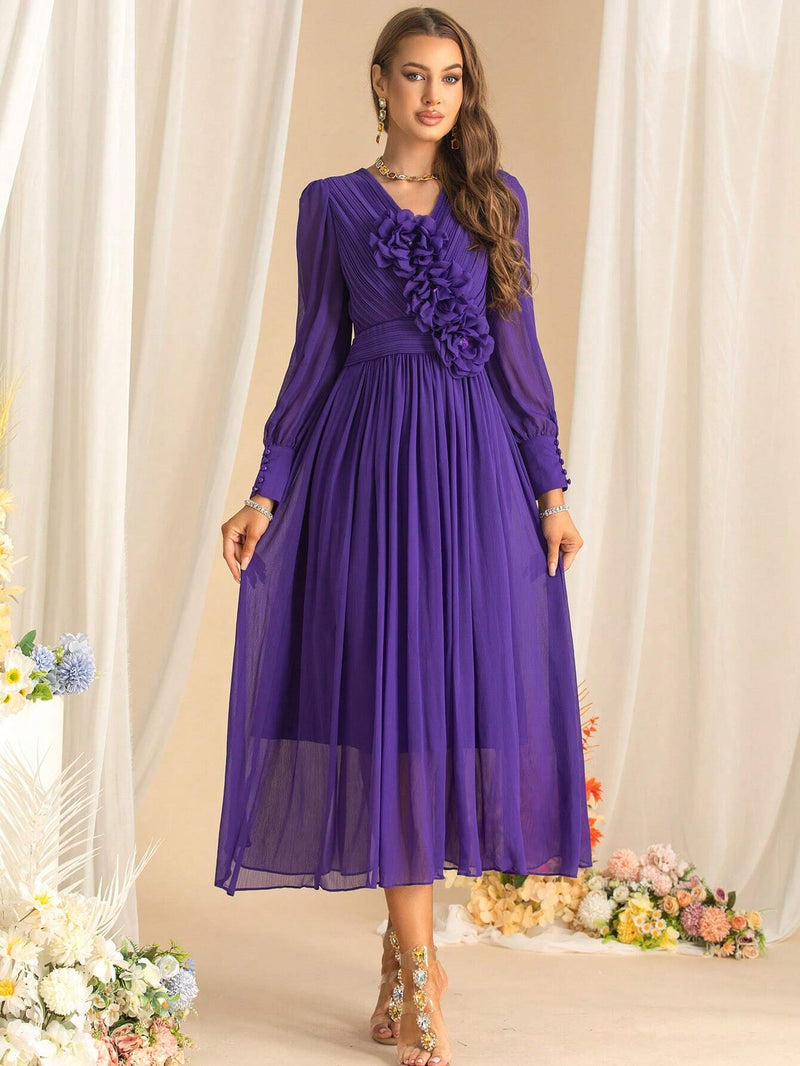 three-dimensional flower v-neck purple chiffon maxi dress