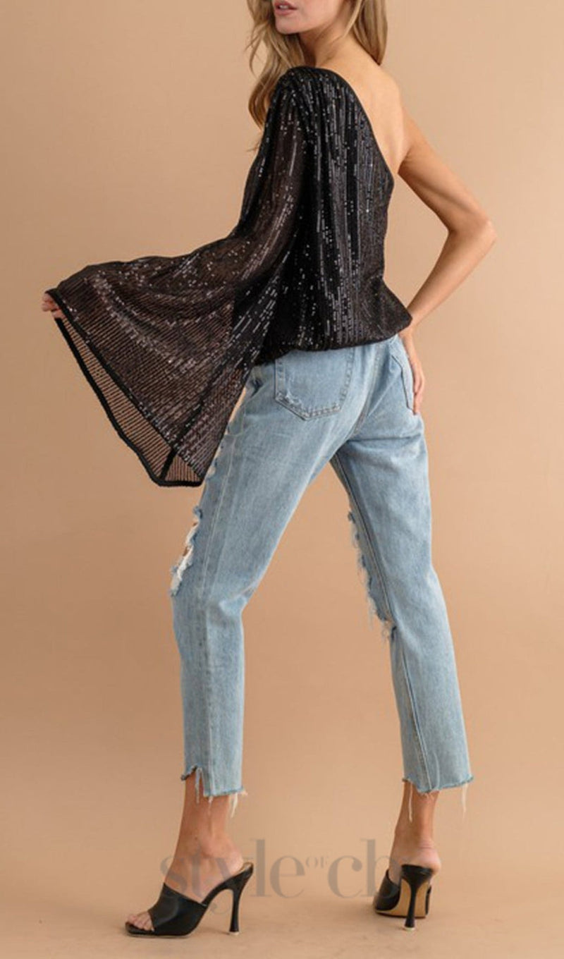 Sequin One Shoulder Bell Sleeve Top