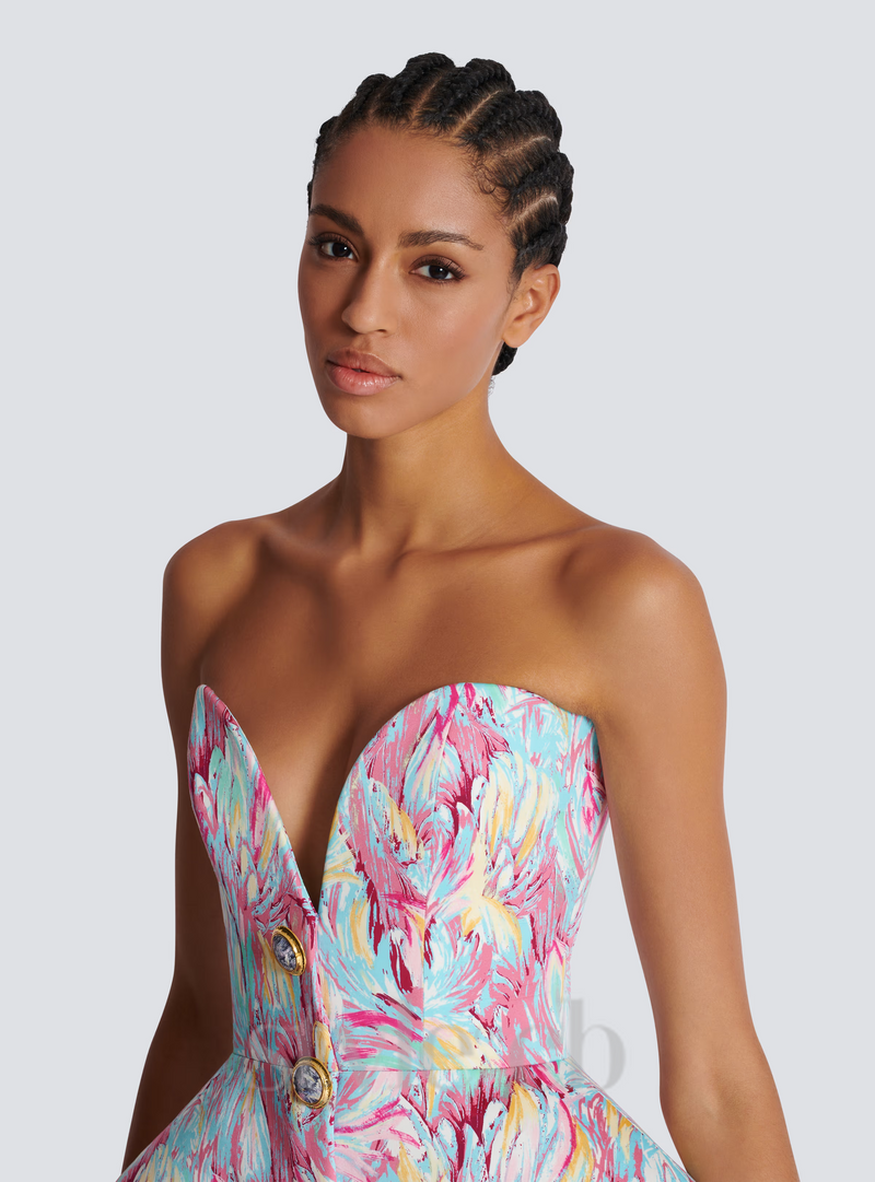 STACEY MULTICOLOR FEATHER PRINT PEPLUM BUSTIER MINI DRESS