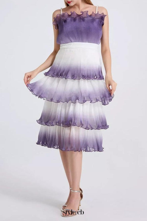 purple gradient pleated ruffle trim layered mini dress