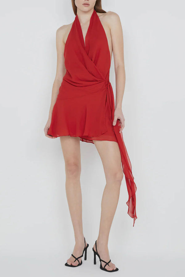 Halter backless V-neck sleeveless lace-up mini dress in red