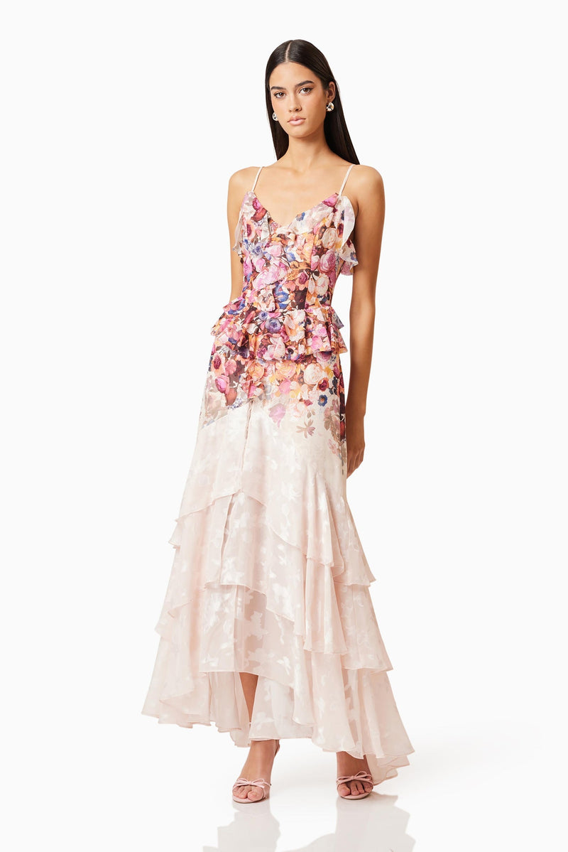 Perla Irregular floral print maxi dress in pink red