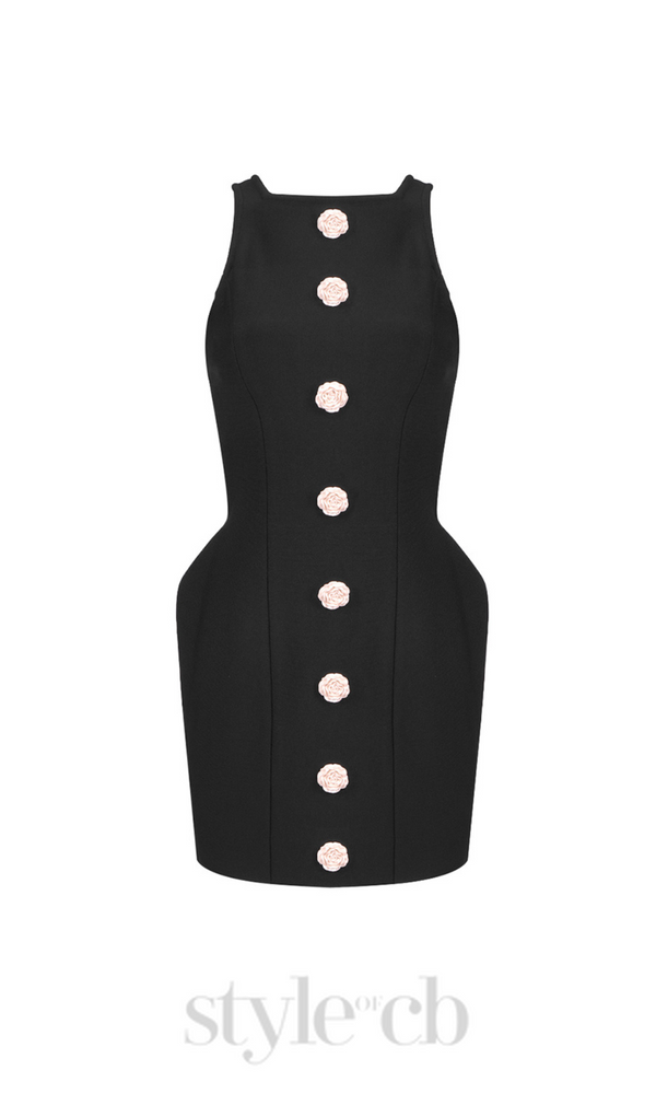 BREENDA BLACK KNITTED MINI DRESS WITH FLOWER BUTTONS