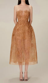 CARAMEL FLORAL LACE EMBROIDER MIDI DRESS