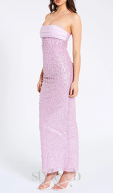 PINK SATIN SEQUIN PEARLS BEADED MAXI DRESS