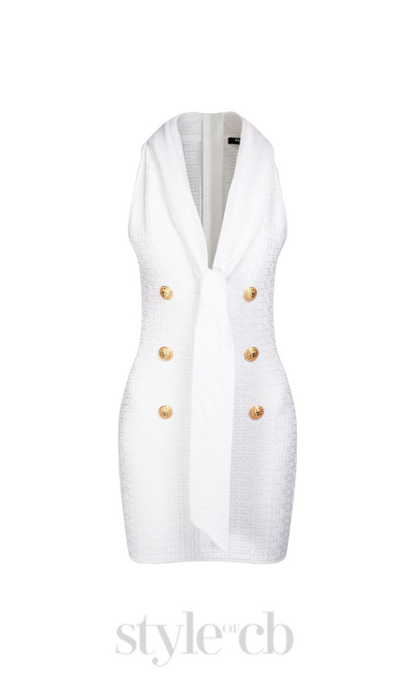 EVELYN JACQUARD MONOGRAM SHAWL-COLLAR MINI DRESS IN WHITE