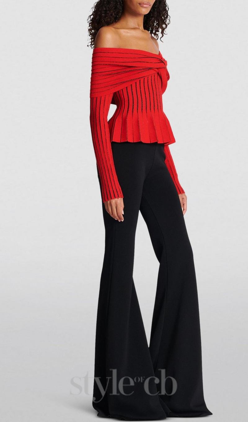 ESTHER KNIT STRIPE RUCHED OFF-SHOULDER TOP