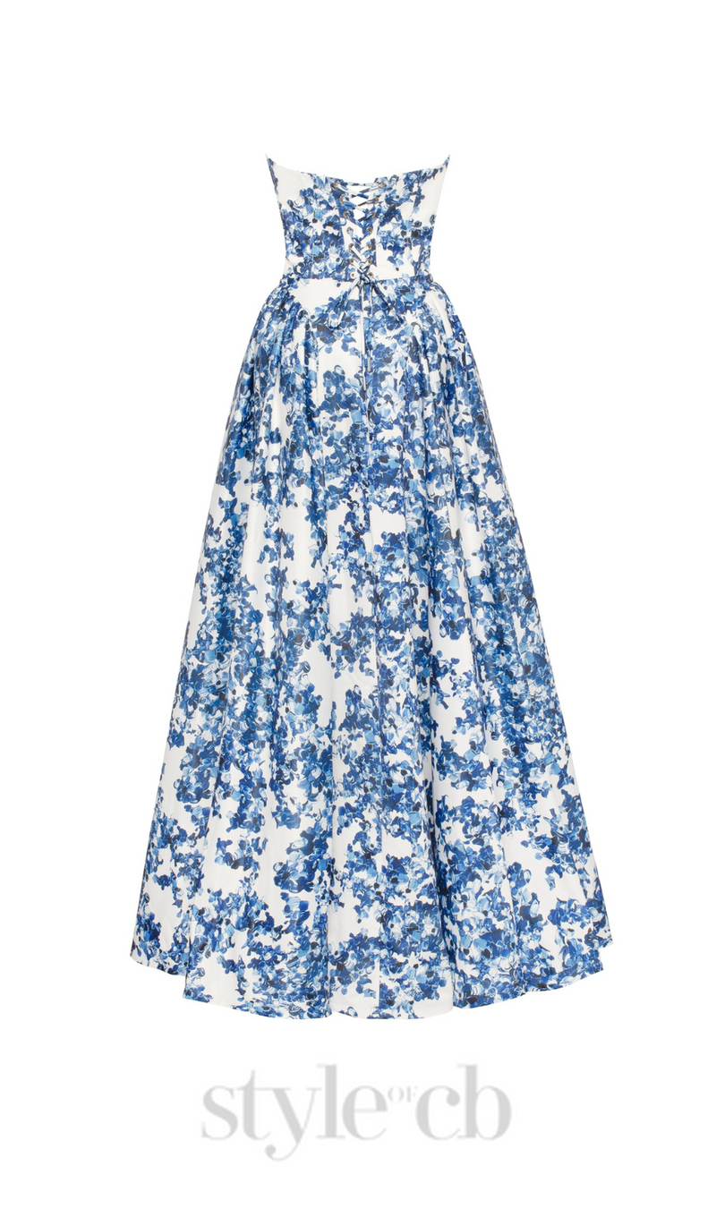 LETITIA BLUE HYDRANGEA STRAPLESS MAXI DRESS