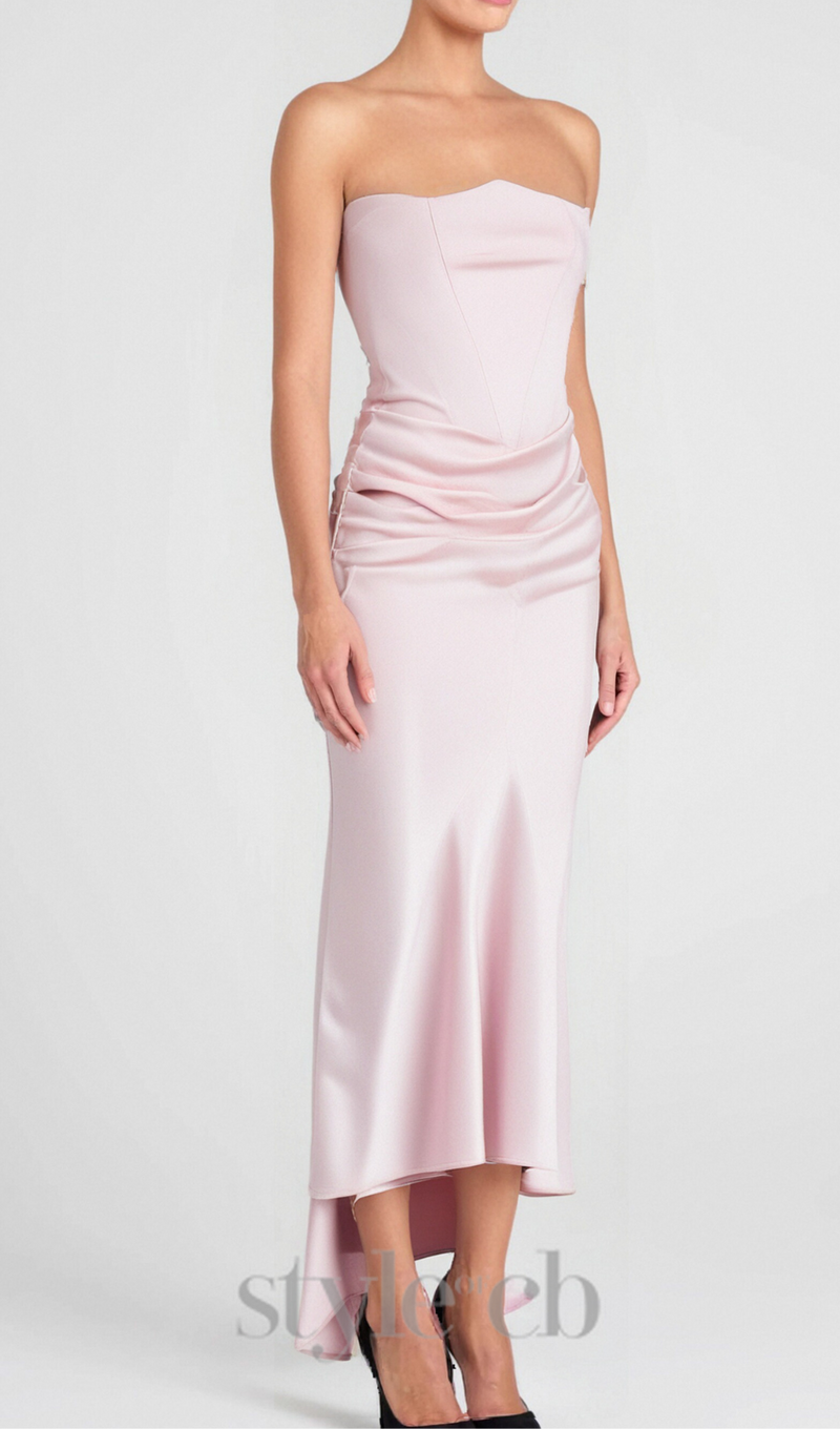 strapless satin corset maxi dress in pink