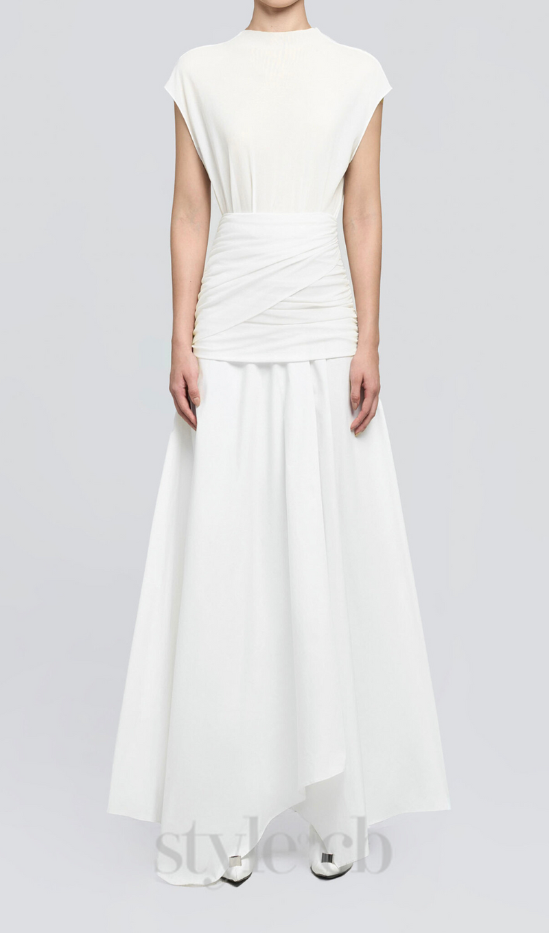 white Waist cross pleats midi dress with asymmetric hemline