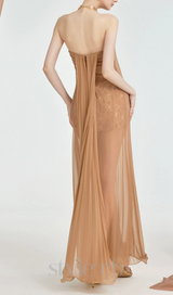 Thea Strapless Mesh Backless maxi Dress in brown