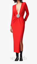 BERNICE LONG SLEEVE DRAPED EMBELLISHED MAXI DRESS IN RED