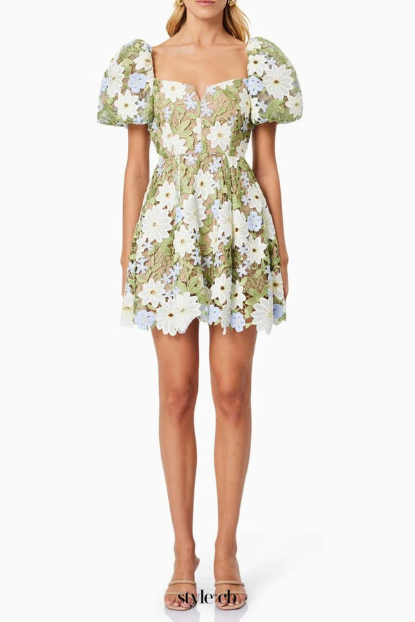 rebecca Flora Lace Mini Dress in Green