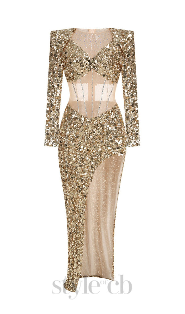 sequin long sleeve maxi dress in gold