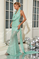 Cowl Backless Sequin Maxi Dress in green