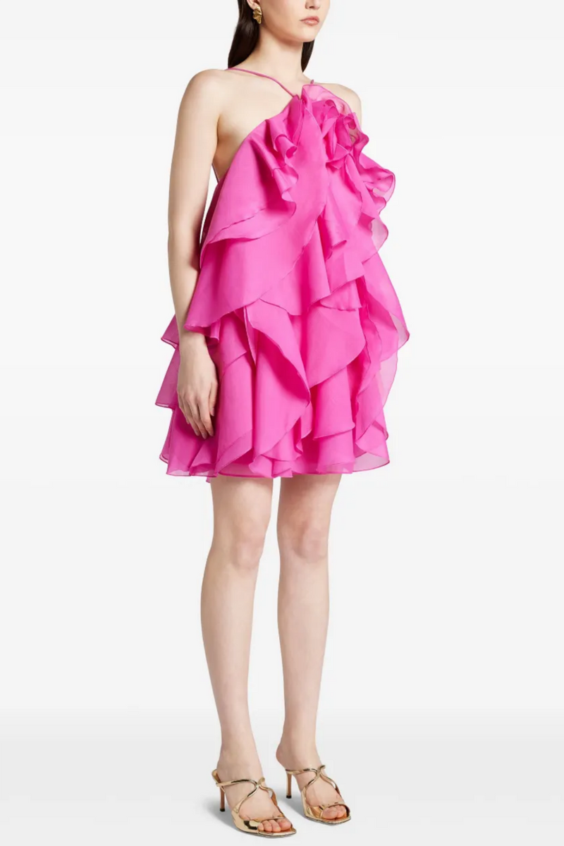 lorraine Halter Floral Ruffle Layered Mini Dress in Fuchsia