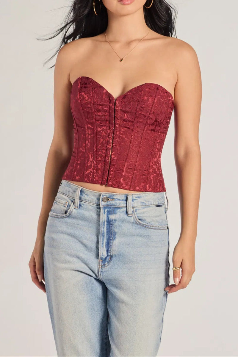 brocade satin strapless corset top in burgundy