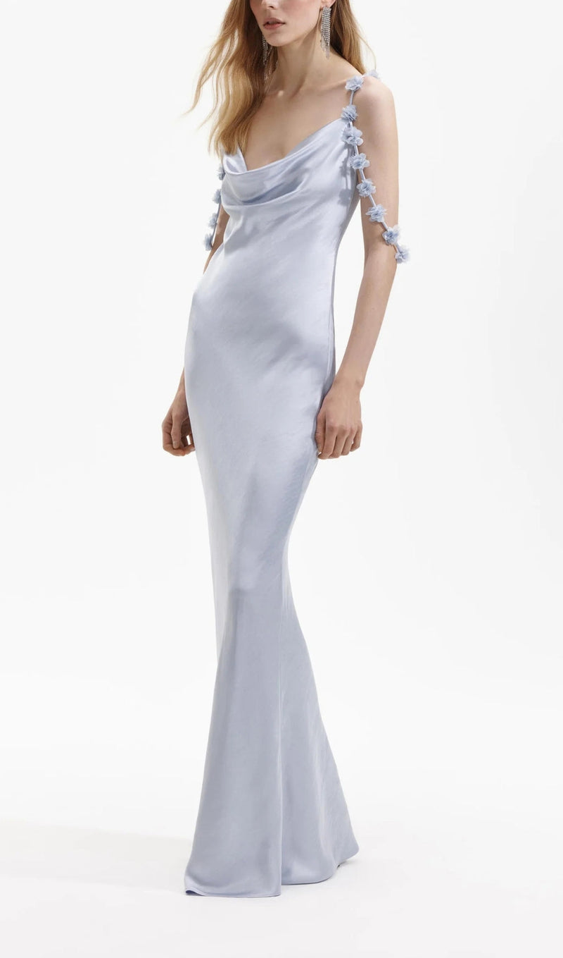 BLUE SATIN FLOWER MAXI DRESS