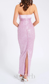 PINK SATIN SEQUIN PEARLS BEADED MAXI DRESS