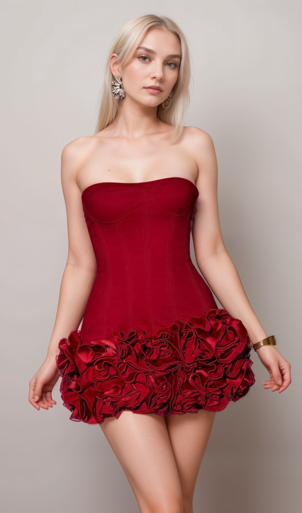 ANGELA RED FLOWER-TRIM EMBELLISHED STRAPLESS MINI DRESS