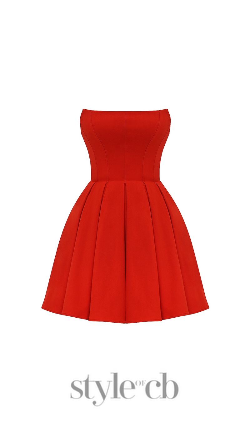 tomato red strapless pleated mini dress