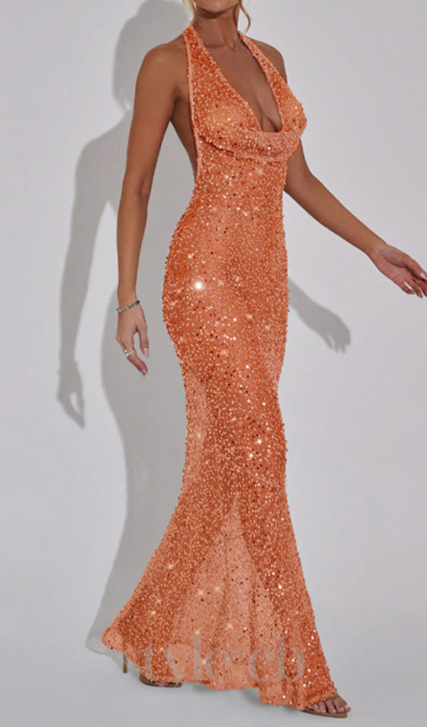 BARBARA HALTER SEQUIN MAXI DRESS IN ORANGE