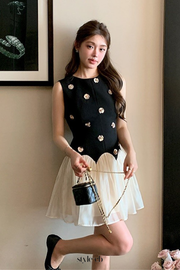 Stereoscopic Flower sleeveless mesh mini dress