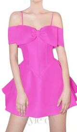 HULDA BOW EMBELLISHED STRAP MINI DRESS IN HOT PINK