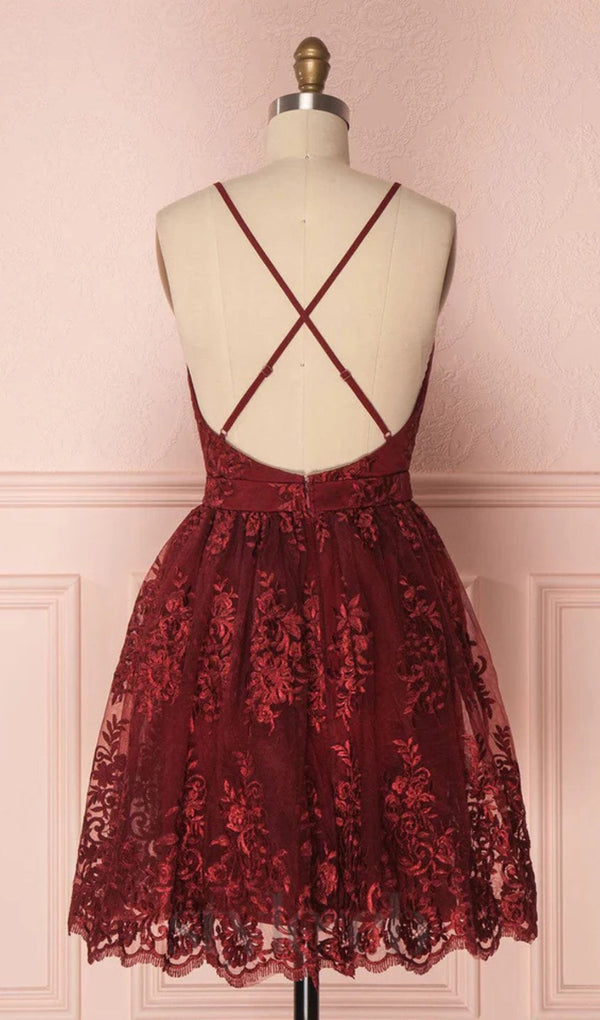 V NECK TULLE LACE SHORT BURGUNDY PROM DRESSES