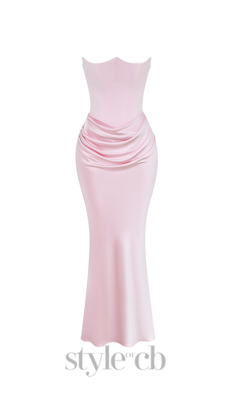 strapless satin corset maxi dress in pink