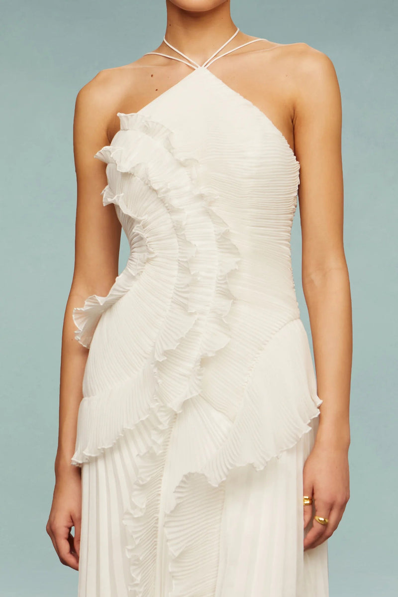 alva Sleeveless Folds Slit Maxi Dress in light white