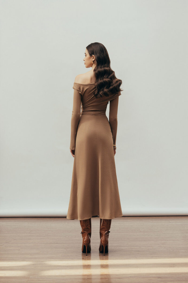 Aria Draped maxi Dress in Hazelnut