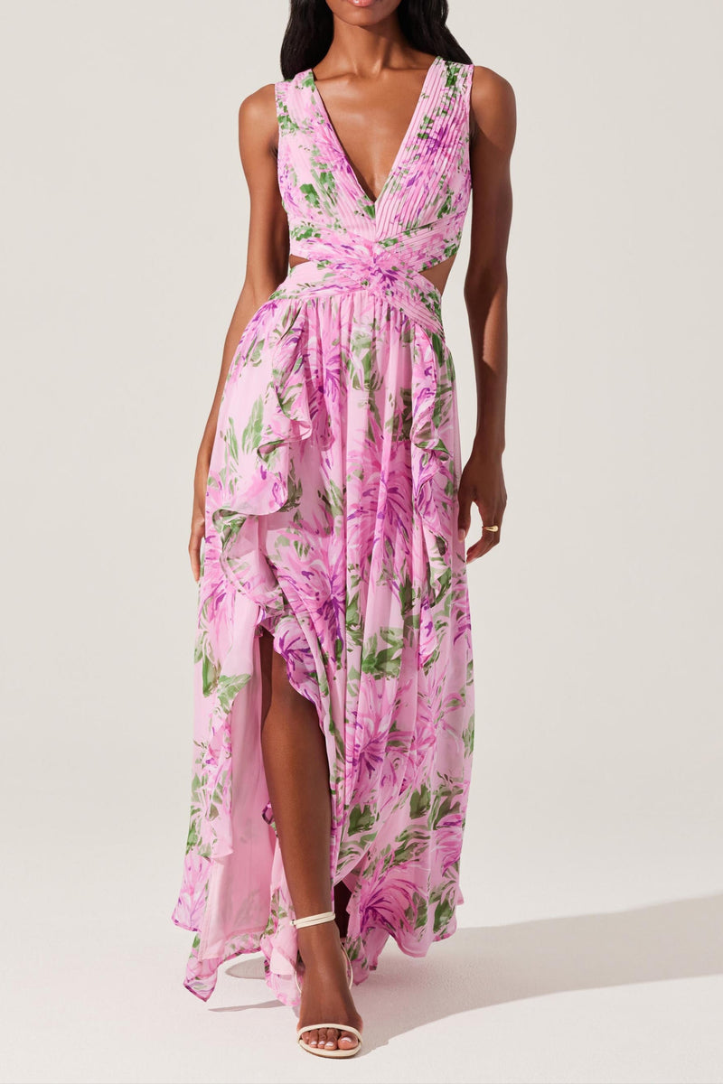 alyssa ruffle floral cutout maxi dress in pink