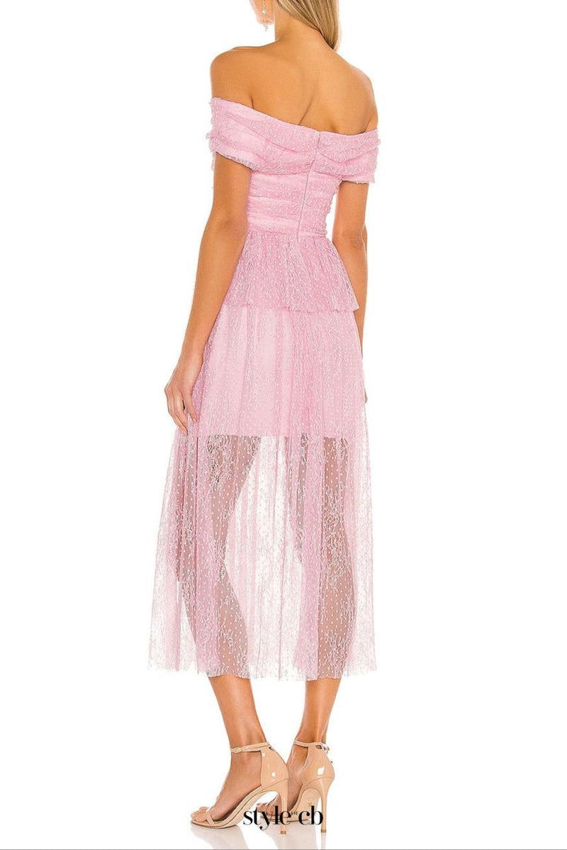 lace cutout strapless midi dress in lilac