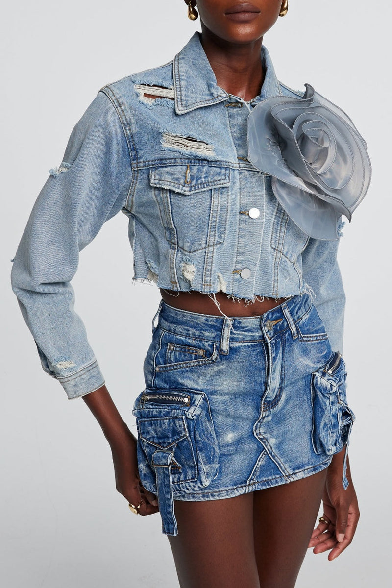 Alaiao Torn Flower Denim Jacket in Blue